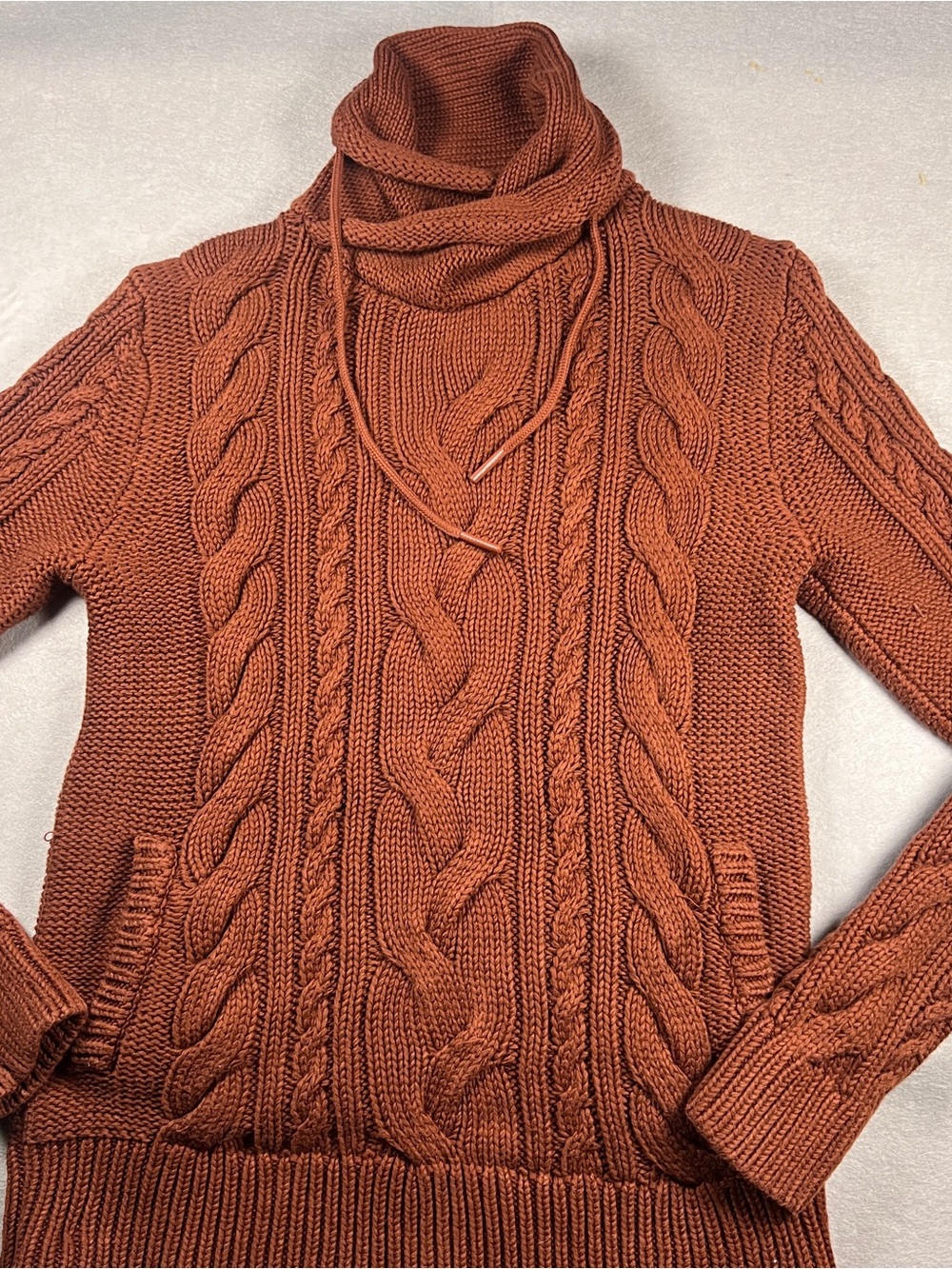 L.L.Bean Cable Knit Cowl Neck Sweater S Rust Fisherman Aran Cotton